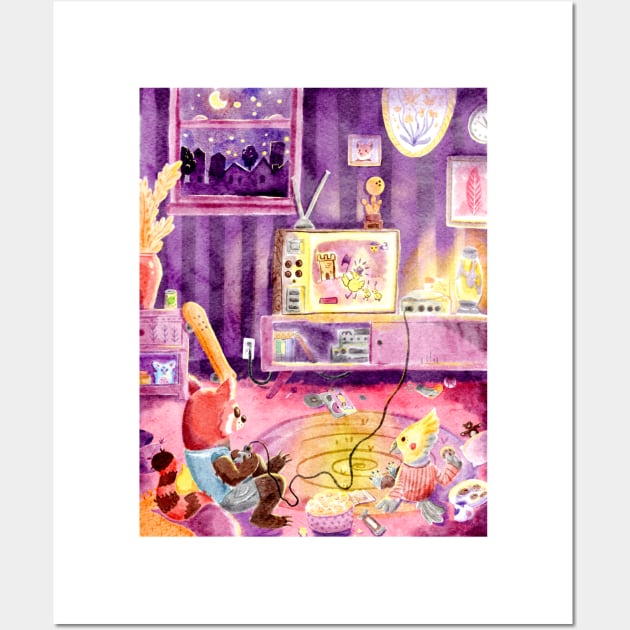 Red Panda and Cockatiel Video Game Sleepover in Watercolor Wall Art by narwhalwall